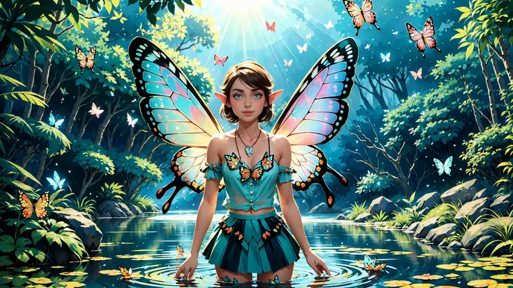 (fairy), (elf), (close-up) face portrait, happy smile, ((ultradetailed)), symmetrical (butterfly_wings) symmetrical (fairy wings), (sharp focus), hdr, elven fairyland, big rock, (strong wing, (water ripples) reflections, (cascade) river (pond), forest jung...