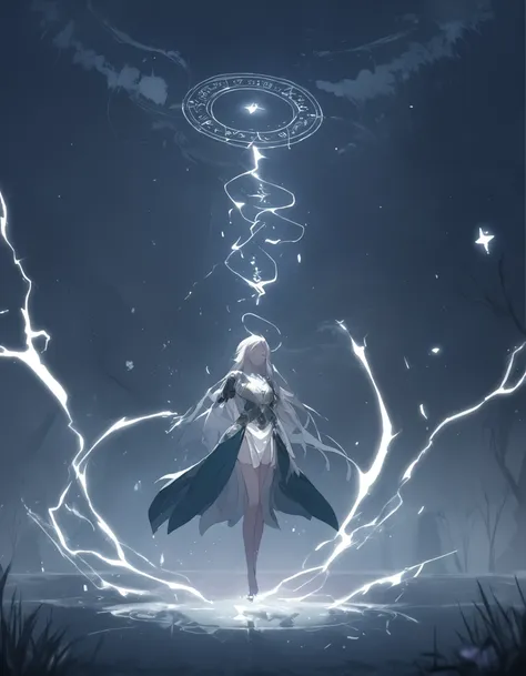 a woman in a long dress standing in front of a lightning