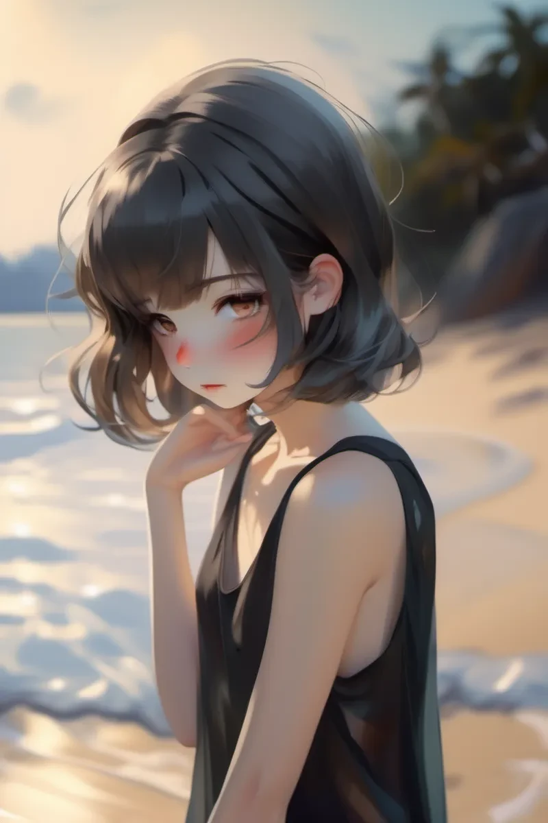 tie behind the head, cute girl at beach in sheer black top, in the style of meticulous realism, dark white and light bronze, bloomcore, dappled, dynamic color, loose and fluid, erudite