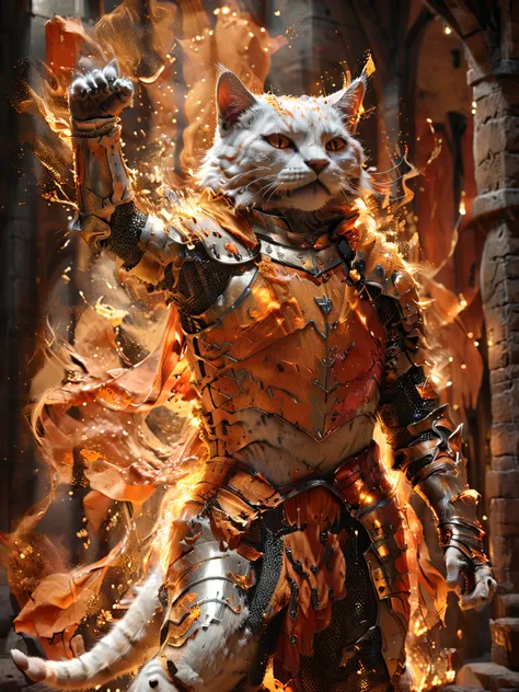 a (full body:1.2) cinematic shot of (an anthro cat:1.1), as orange soul knight, (arms up flexing victory pose:1.2), (soul leaving the body in the style of ethereal light effects:1.2),(soul particles around the knight:1.2), fantasy tavern in background, nig...