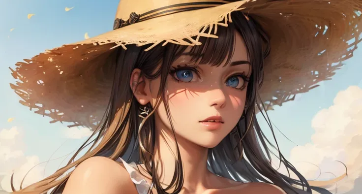 anime girl with big hat and blue eyes in a field