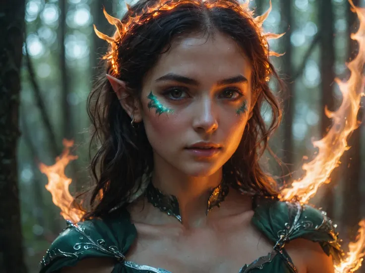 a woman in a green dress with fire on her face