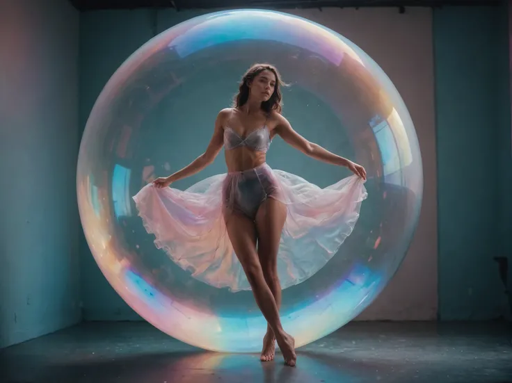 cinematic film still, beautiful woman inside a bubble, with subtle color reflections dancing, opalescent colors, colored gradient background, light from behind, shadow silhouette, asymmetrical, colored fumes, dancing, full body <lora:aesthetic_anime_v1s:0....