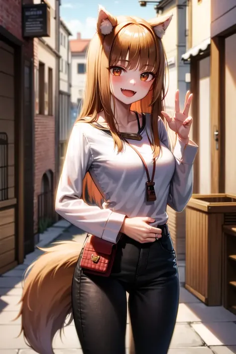 <lora:holo:1>, holo, masterpiece, best quality, absurdres, 1girl, looking at viewer, standing, indoors, cowboy shot, white shirt...