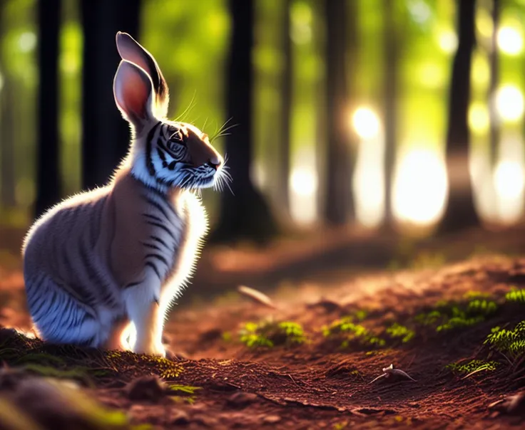 masterpiece, best quality, 400mm, f/4, shutter speed 1/1000, iso 3200, a [rabbit:tiger:0.6] in a forest clearing, cinematic ligh...