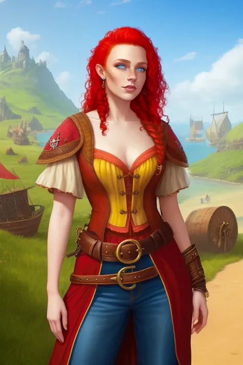 full body, beautiful young woman, pirate, curly red hair, freckles, ((fantasy)), outdoors, highly detailed, realistic, highres