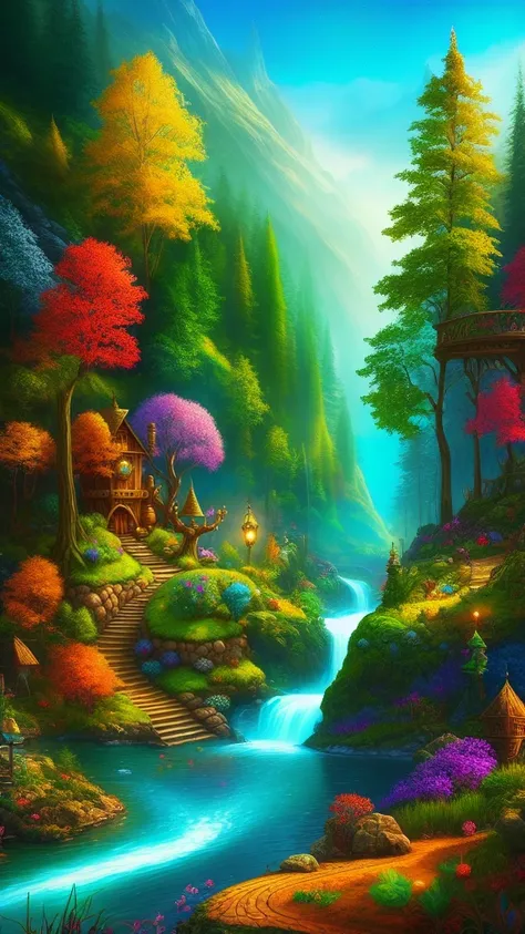 ((fantasy)), forest river, highly detailed, stylized, colorful, highres