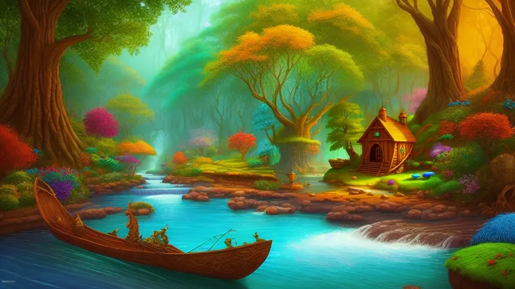 ((fantasy)), forest river, highly detailed, stylized, colorful, highres