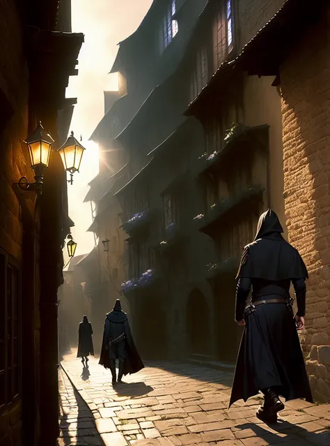 (solo:1.4), (1man:1.4), (middle ages:1.4), (fantasy), night, (thief walks along a narrow medieval street in a black cloak hiding...