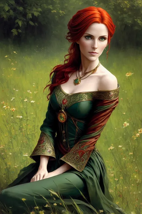 (triss merigold:1.4), the witcher, (green eyes:1.4), (red hair in a bun), tamzenefull portrait, masterpiece, best quality, highe...