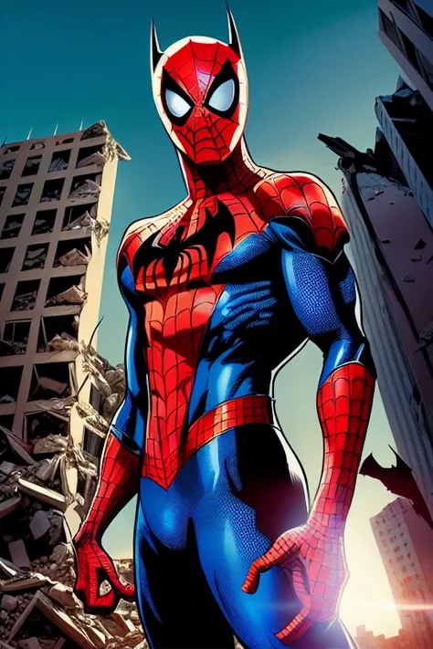 comic book illustration of (spider-man BATMAN BEYOND:1.1), superman, looking up at the sky, scary mask, (face focus:1.2), (destroyed city:1.2), 8k, (Building rubble:1.4) background, looking at viewer, realistic, masterpiece, highest quality, backlighting, ...