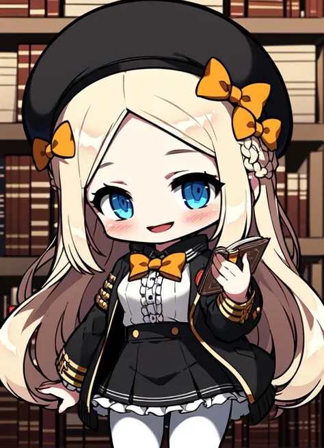 chibi,8k, 4k,nsfw,long hair, 1girl, abigail williams (fate), hat, blue eyes, book, black headwear, bow, blonde hair, solo, pantyhose, smile, bookshelf, looking at viewer, bangs, long sleeves, black bow, blush, parted bangs, hair bow, multiple hair bows, jacket, black jacket, open mouth, breasts, beret, forehead, open clothes, black pantyhose, small breasts, holding, orange bow, indoors, dress, library, holding book, black skirt, shirt, open jacket, skirt, frills, very long hair, white shirt, black dress,chibi