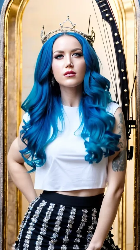 (AlissaWhiteGluzQuiron woman), (blue hair:1.2), 
8k, the best quality, masterpiece, highly detailed, semi realistic, 1 girl, young female, 19 years old, with long hair and right eye covered by bangs, blue right eye, jewelry crown, palace style white and go...