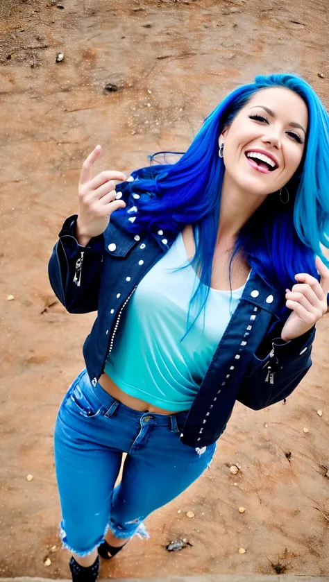 (AlissaWhiteGluzQuiron woman), (blue hair:1.2),
in (((jacket))), tight long white crop top, laughing, black pants, dramatic lighting, highest quality,  Cinematic lighting, hands raised, standing over city, (((top view))), perfect face, looking at viewer, d...