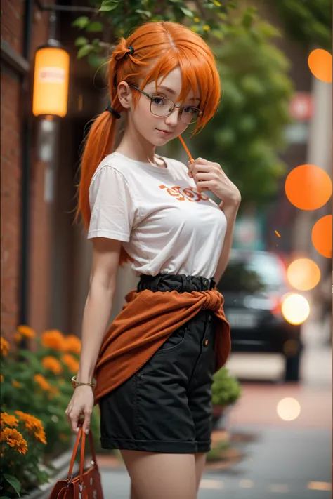 a woman with orange hair and glasses is walking down the street