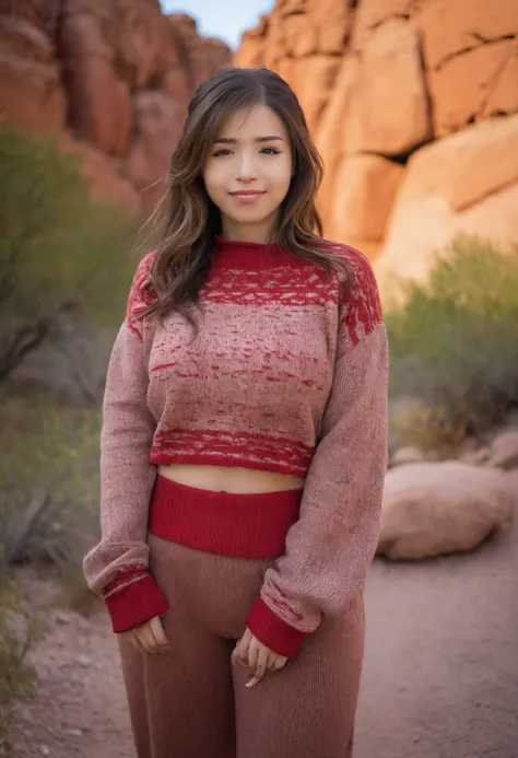 a close up of a woman in a red sweater and brown pants