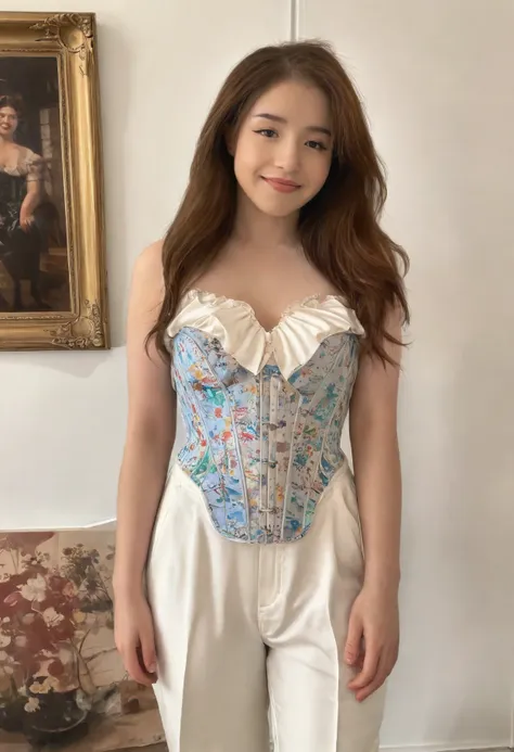 a woman in white pants and a corset posing for a picture