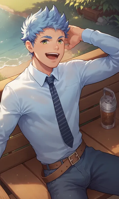 anime boy sitting on a bench with a drink and a smile