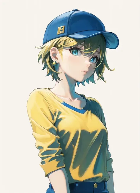 masterpiece, best quality, 1girl, aqua eyes, baseball cap, blonde hair, closed mouth, earrings, green background, hat, jewelry, looking at viewer, shirt, short hair, simple background, solo, upper body, yellow shirt
<lora:tloz_offset:1>