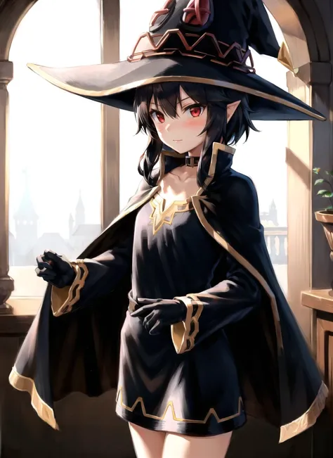 megumin, 1girl, bare shoulders, black hair, black cape, black gloves, blush, cape, choker, collarbone, dress, hair between eyes, hat, long sleeves, looking at viewer, medium hair, off-shoulder dress, off shoulder, red dress, red eyes, sidelocks, solo, witc...