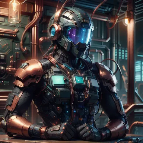 a close up of a person in a futuristic suit with a helmet