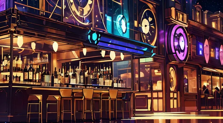 brightly lit bar with clock and bar stools in a city