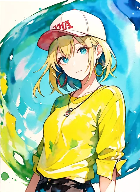 akagi shun, masterpiece, best quality, 1girl, aqua eyes, baseball cap, blonde hair, closed mouth, earrings, green background, hat, hoop earrings, jewelry, looking at viewer, shirt, short hair, simple background, solo, upper body, yellow shirt, (watercolor)...