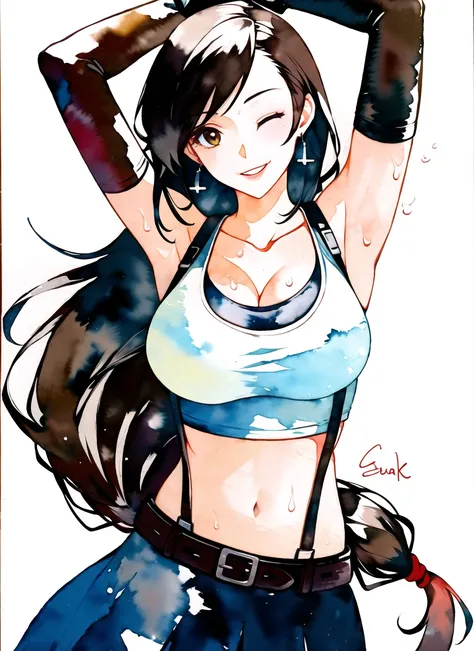 akagi shun, tifa lockhart, 1girl, arm up, armpits, artist name, belt, black hair, breasts, brown eyes, cleavage, closed mouth, collarbone, cowboy shot, crop top, earrings, elbow gloves, elbow pads, gloves, gradient background, jewelry, large breasts, lips,...