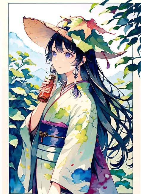 akagi shun, 1girl, black hair, bottle, cork, corked bottle, grey background, hair tubes, hat, japanese clothes, kimono, leaf, leaf on head, long hair, long sleeves, looking away, outdoors, purple eyes, solo, white kimono,  ((masterpiece)), (watercolor) <lo...