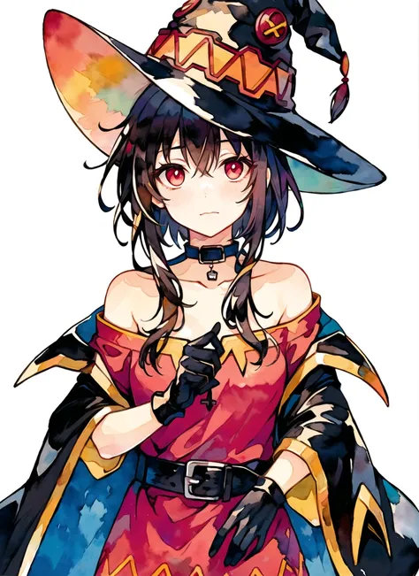 akagi shun, megumin, 1girl, bare shoulders, black cape, black gloves, black hair, blush, cape, choker, collarbone, dress, hair between eyes, hat, long sleeves, looking at viewer, medium hair, off-shoulder dress, off shoulder, red dress, red eyes, sidelocks...