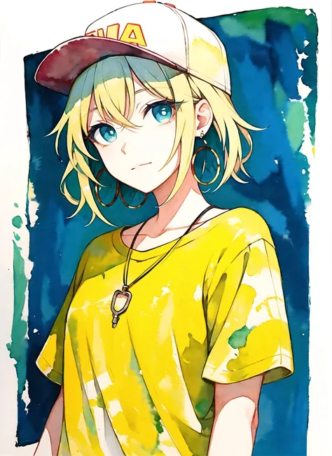 akagi shun, masterpiece, best quality, 1girl, aqua eyes, baseball cap, blonde hair, closed mouth, earrings, green background, hat, hoop earrings, jewelry, looking at viewer, shirt, short hair, simple background, solo, upper body, yellow shirt, (watercolor)...