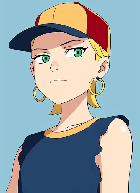 ben10, masterpiece, best quality, 1girl, aqua eyes, baseball cap, blonde hair, closed mouth, earrings, green background, hat, hoop earrings, jewelry, looking at viewer, shirt, short hair, simple background, solo, upper body, yellow shirt ,  <lora:ben10_off...