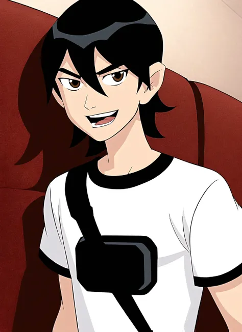 ben10, solo, parody, black hair, style parody, open mouth, brown eyes, 1boy, male focus, smile, fake screenshot, upper body, hair between eyes, anime coloring, meme, ((masterpiece)) <lora:ben10_offset:1>