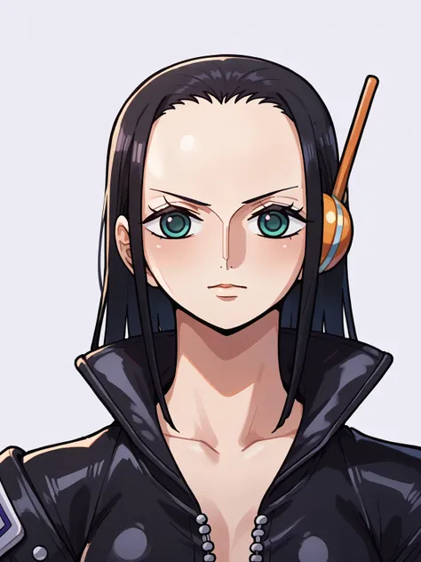 anime girl with black hair and green eyes with a gun