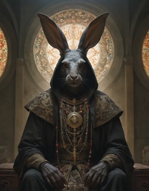 a rabbit in a black robe sitting on a bench in front of a stained window