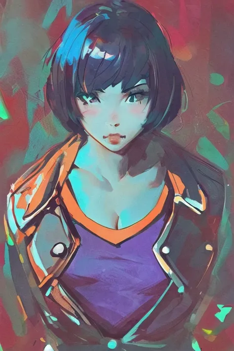 1girl, cyberpunk, (full body:1.1), thighhighs, cleavage, perfect eyes, perfect face, kuvshinov, (gradient background:1.2),