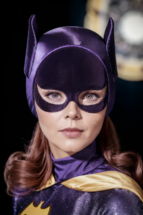 a close up of a woman in a batman costume with a bat mask