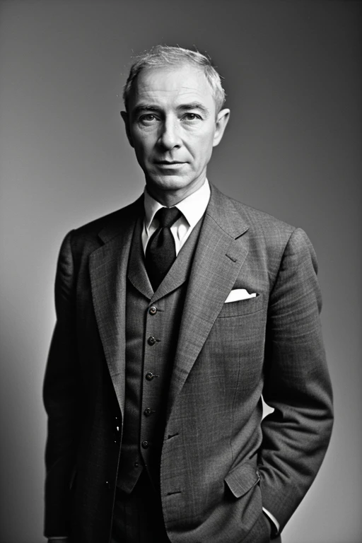 JRobertOppenheimer, ((1940s photograph, upper body, portrait, wartime tailored suit, classic 1940s look, elegant backdrop, black and white film, Humphrey Bogart, Rolleiflex)), 80mm f/2.8, 1/30s, ISO 200, ((timeless elegance))