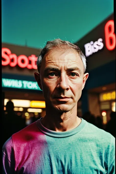 JRobertOppenheimer, ((kooky portrait of 1980s mall teen in retro clothing, shopping mall, neon colors, shot on VHS))