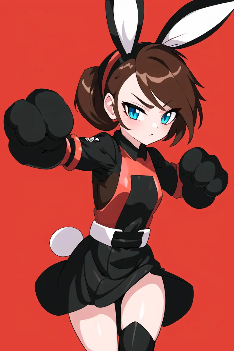 (best quality, masterpiece1.2),simple background,brown hair, close-up,cowboy shot, rabbit ears, fighting stance, lopunny, fluffy sleeves , on one leg, flying kick, red background,
, detailed eyes, brown and black outfit,
<lora:drunkoakStyle-24:1>,drun...