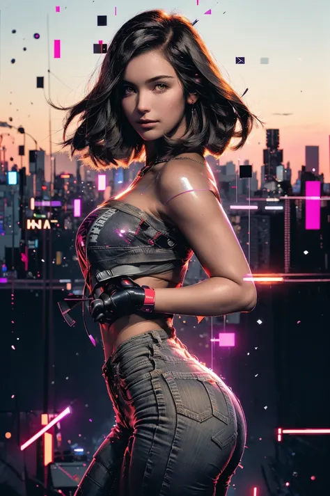 Best quality, masterpiece, ultra high res, (photorealistic:1.4), raw photo, 1girl, short hair, ass, outdoor, closeup, looking at viewer, black hair, large breasts, glitch, sparks, high effect, difuse colors, purple eyes, shine eyes, <lora:bj_Fault_art:1> b...