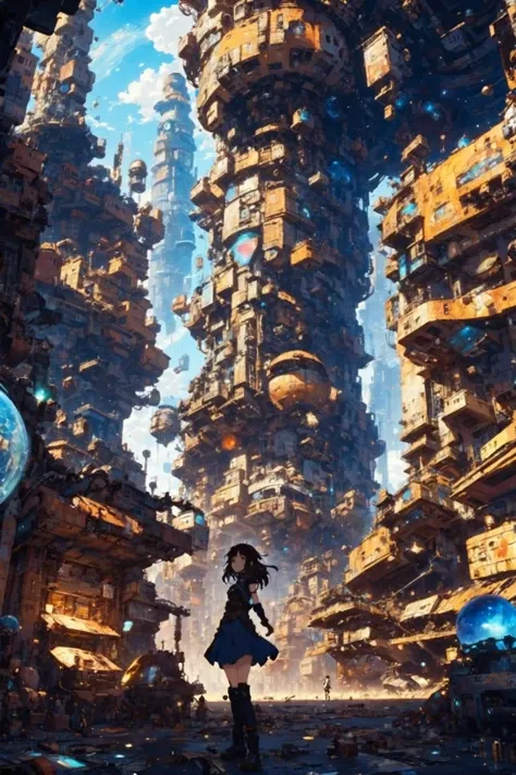 junkworld, anime style, <lora:EnvyJunkworldXL01:0.8><lora:EnvySendNoodzXL01:0>1girl, woman, beautiful, noon, architecture, "at the Sparkling infinite Multiverse"<lora:EnvyBetterHiresFixXL01:0:hr=1>