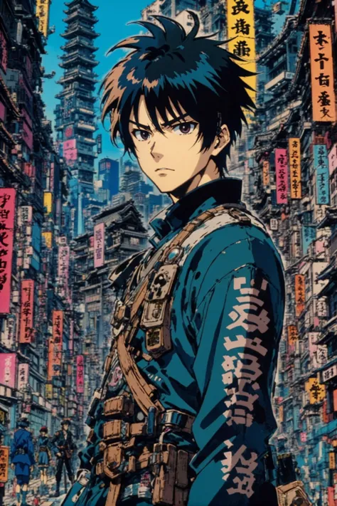 a man in a blue shirt and black pants standing in front of a city