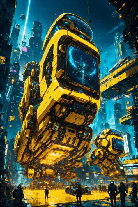 a futuristic city with a giant yellow robot flying over it