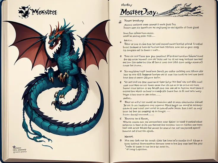 masterpiece, best quality, 8k,
Exploration Diary, monster profile, monster design, english text, description,
Western dragon, tail, wings,fangs, archive, category book,