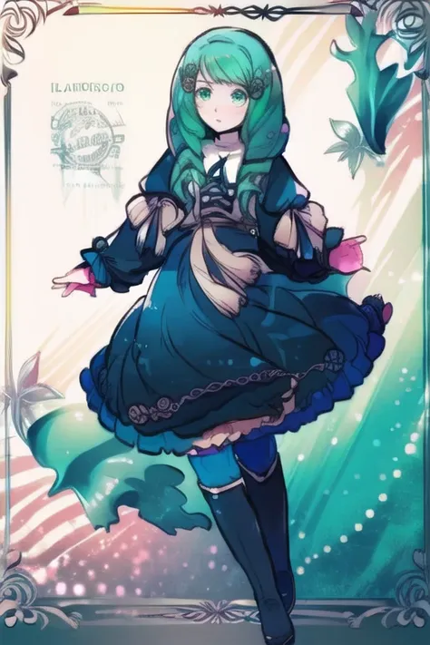 a cartoon picture of a girl with green hair and a blue dress