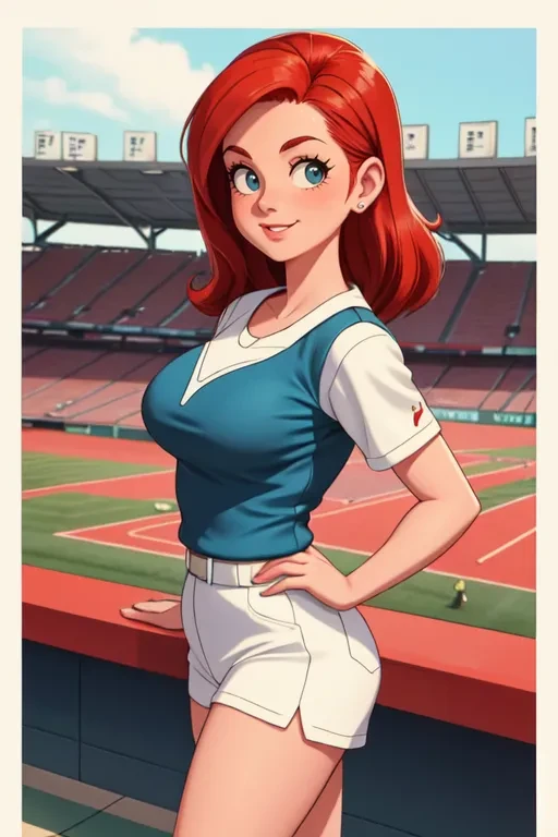 professional photo of cute busty redheaded athlete, standing, sports stadium, 1960s style