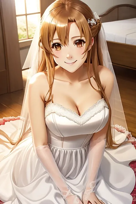 (transparent_wedding dress:1.2),(cleavage),<lora:Asuna-10:0.8>,Asuna,light smile,large breats,sexy,best quality,