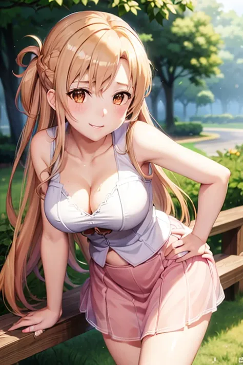 (transparent_skirt basket:1.2),(cleavage:1.2),<lora:Asuna-10:0.8>,Asuna,light smile,wet_skin,sexy,best quality