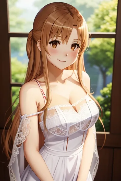 (transparent_lace-trimmed dressi:1.2),(cleavage),<lora:Asuna-10:0.8>,Asuna,light smile,sexy,best quality,